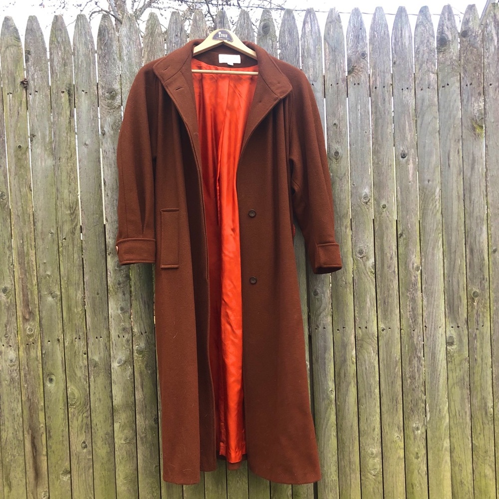vintage wool coat long trench rust brown 70’s